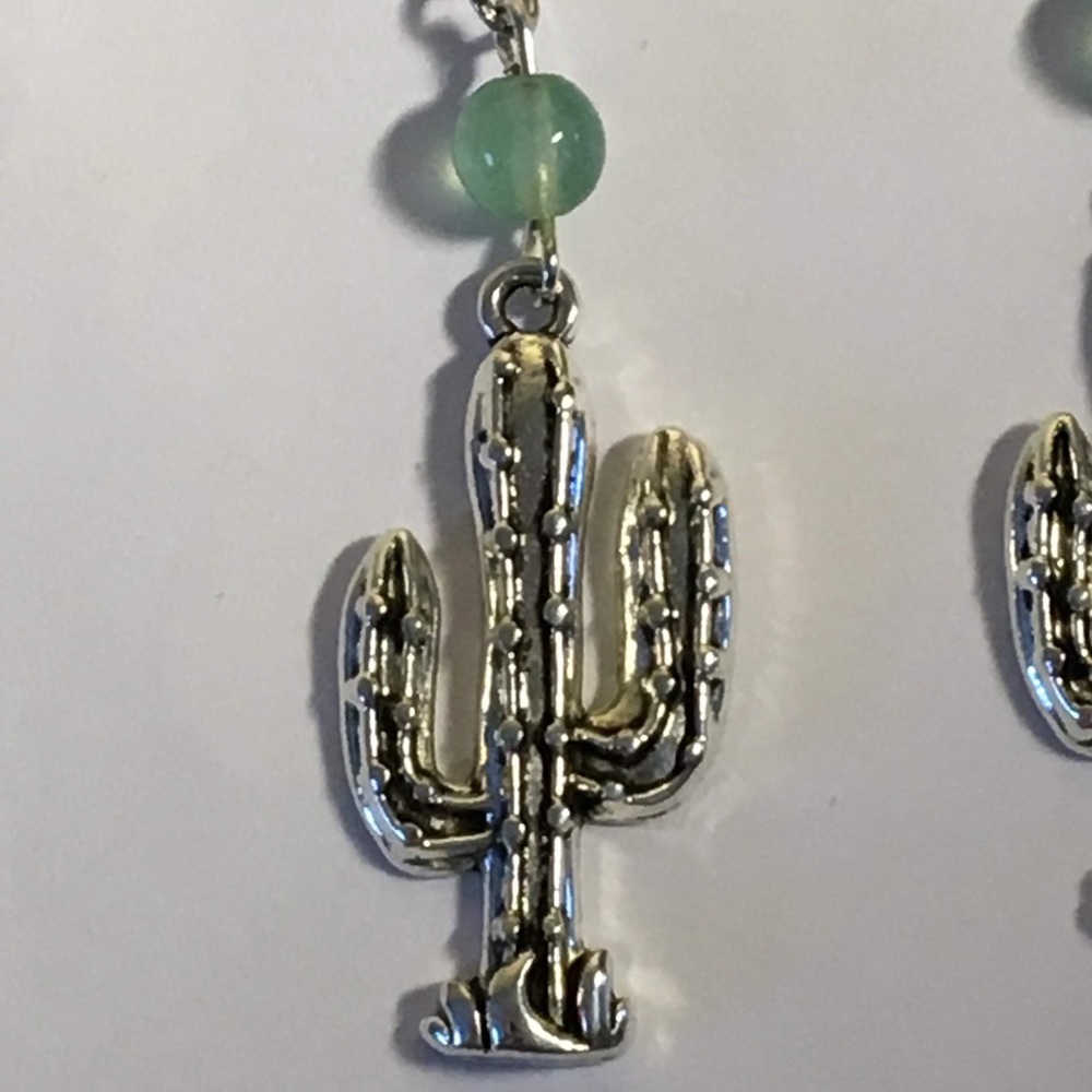 Green Aventurine Silver Cactus Earrings - Picture 5 of 8